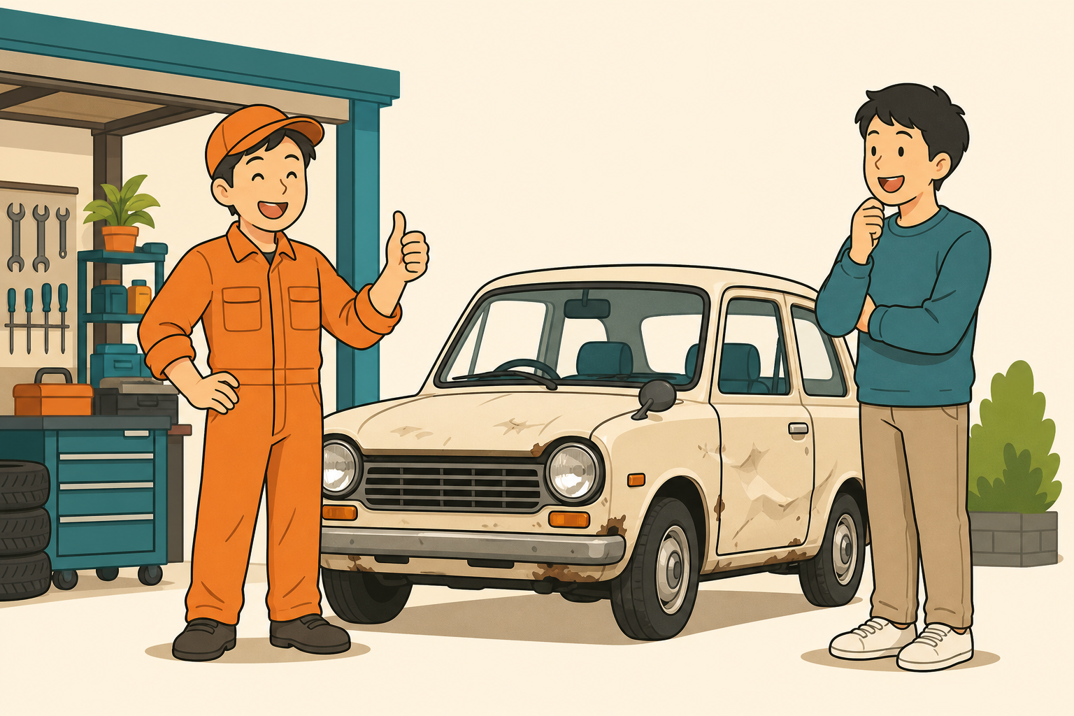 整備工場で、傷んだ古い車を前に整備士が親指を立て、依頼者が安心した表情を見せているフラットイラスト。事故車や不動車でも値がつくことを表す。
