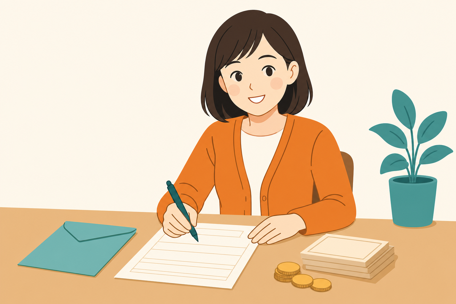 机に向かい書類に記入する女性のフラットイラスト。封筒と硬貨が添えられ、自賠責保険の返戻金の請求手続きを表す。