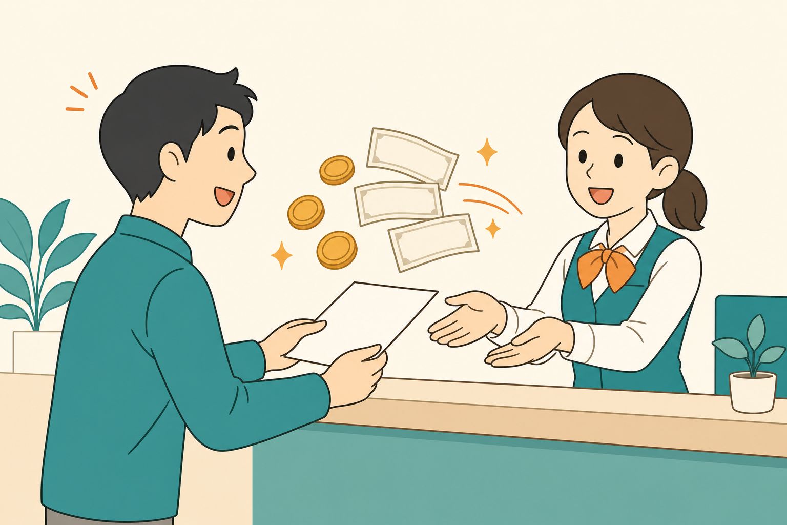 窓口で書類を提出し、お金が戻ってくる様子のフラットイラスト。自動車重量税の還付手続きを表す。