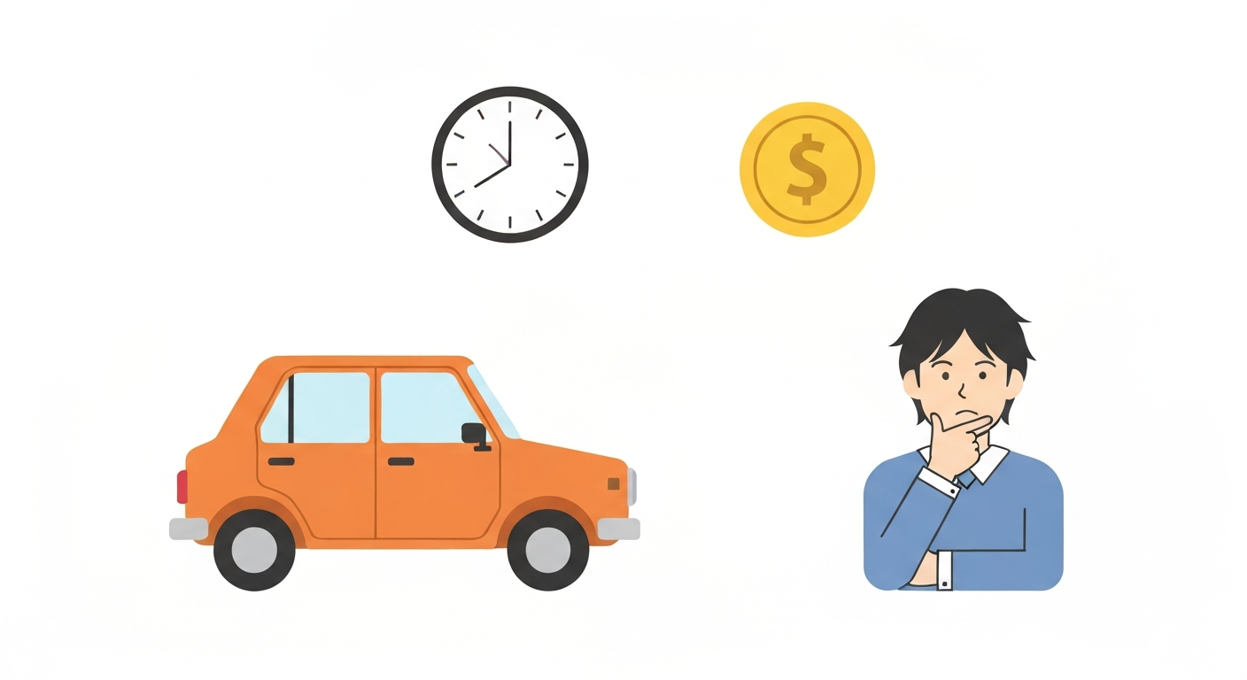 車検切れやローン残債のある車の廃車手続きを検討する様子のイラスト