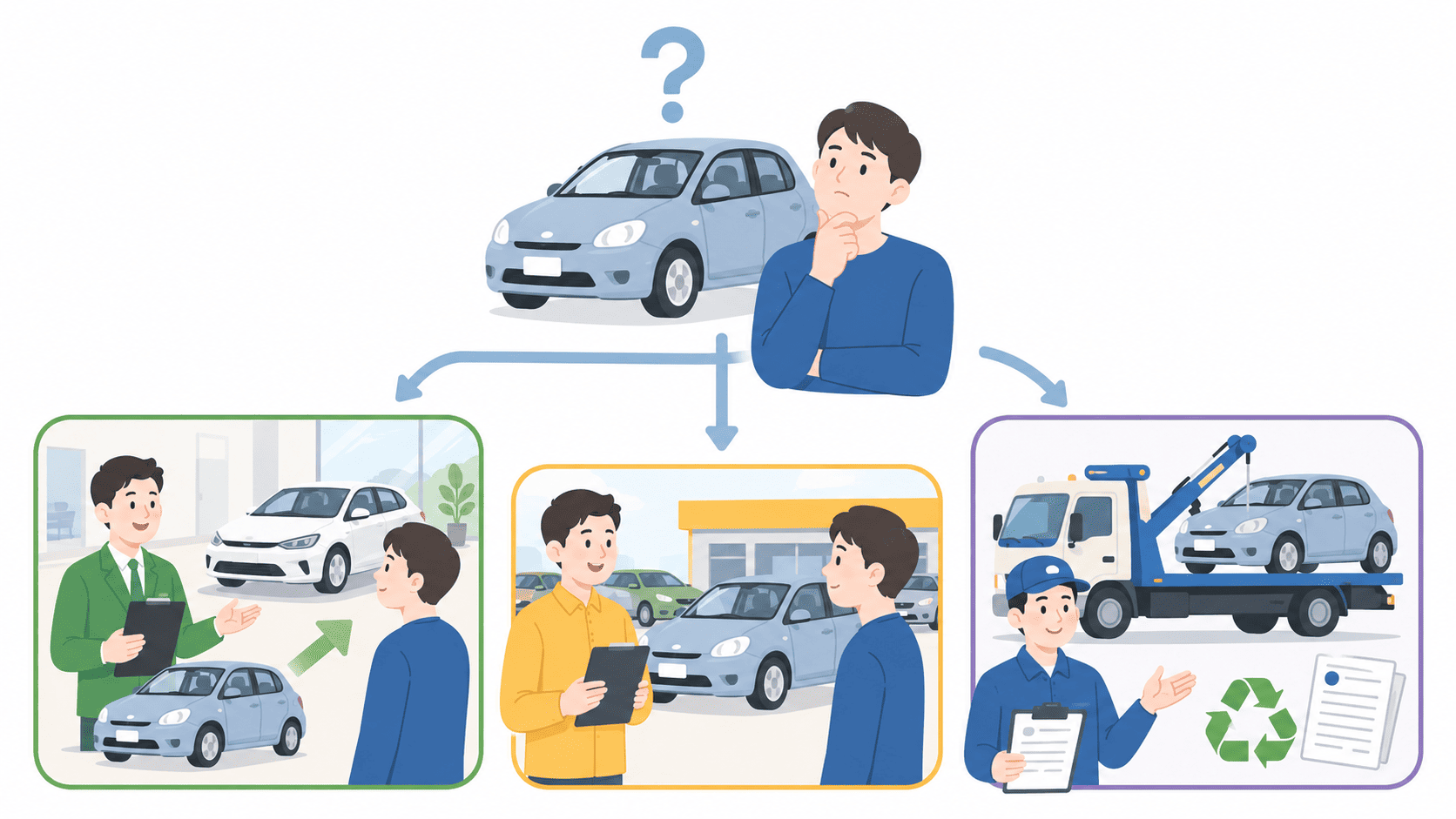 不要な車の処分の選択肢を示すイメージ