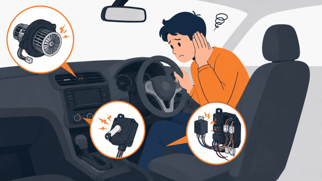 車内の異音の発生源を自分で確認・切り分けている様子を表したイラスト