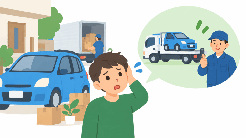 引っ越しの段ボールと車のイラスト